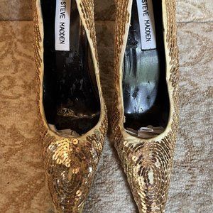 😎ESTATE SALE Shoes Heels Steve Madden Gold Satin Sequins Black Heel Sz 7B